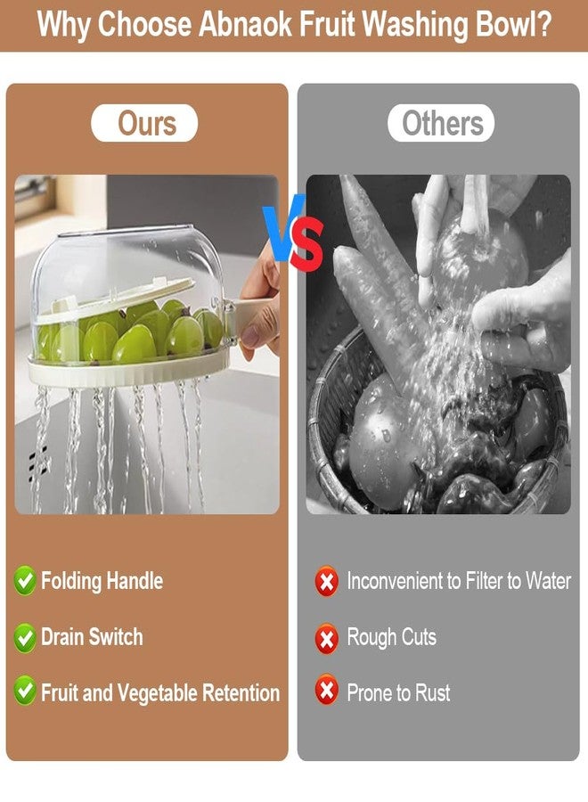 Abnaok Multifunctional Fruit Washing Bowl,2 in 1 Drainer and Strainer,Foldable Handle Drain Basket with Lid,Kitchen Colanders & Food Strainers, Suitable for Washing Fruits and Vegetables - Image 2