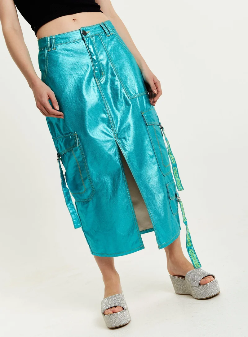 Metallic Blue Midi Skirt