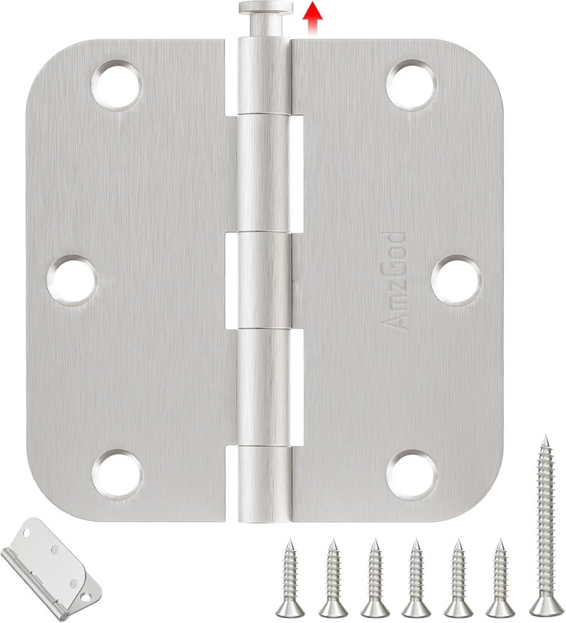 AmzGod Door Hinges Brushed Nickel - 6 Pack Satin Nickel Door Hinges 3.5 Inch Rounded Interior Door Hinge with 5/8" Radius - 3 1/2" Silver Hinges for Residential Door Hardware - Image 1