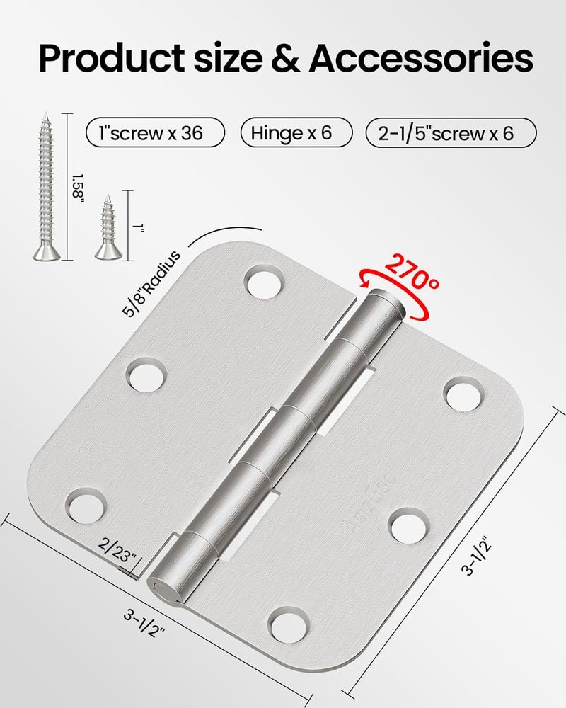 AmzGod Door Hinges Brushed Nickel - 6 Pack Satin Nickel Door Hinges 3.5 Inch Rounded Interior Door Hinge with 5/8" Radius - 3 1/2" Silver Hinges for Residential Door Hardware - Image 2
