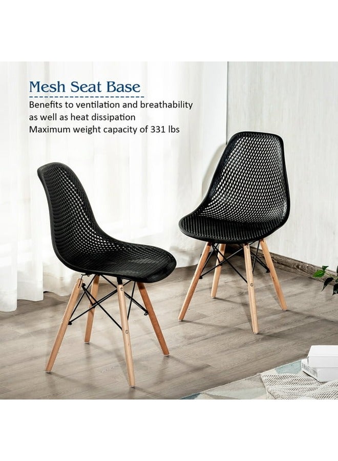 Modern Dining Chairs, Outdoor Indoor Shell PP Lounge Side Chairs with Mesh Design, Beech Wood Legs, Tulip Leisure Chairs, DSW Dining Chairs for Kitchen and Dining Room Black