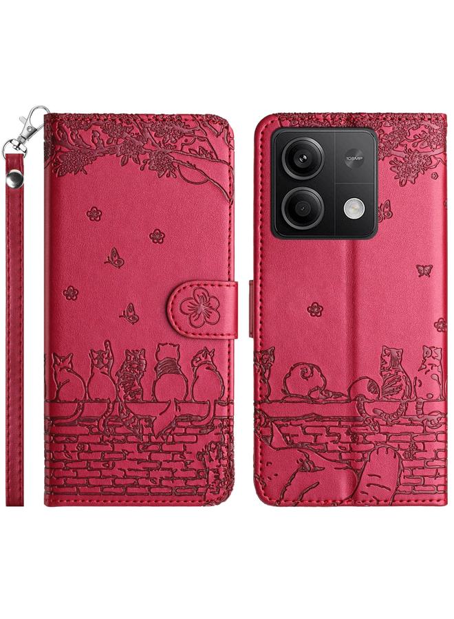 The Bros Case For Xiaomi Redmi Note 13 5G Cat Embossing Pattern Leather Phone Case with Lanyard