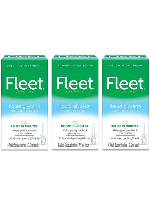 Liquid Glycerin Suppositories for Adult Constipation, 4 Suppositories, 7.5 ml (Pack of 3)