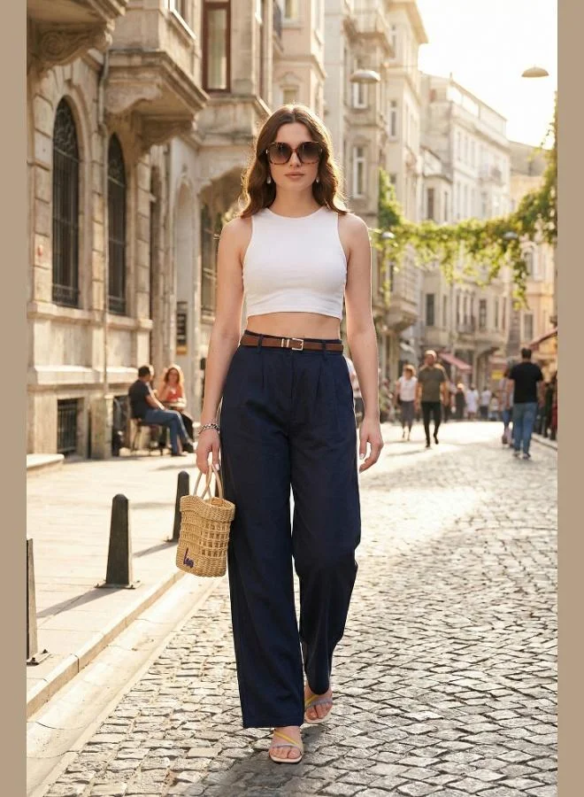 Lela Lela Cotton Wide Leg High Waist Wide Leg Belted Trousers Women's Pants 668YP5429