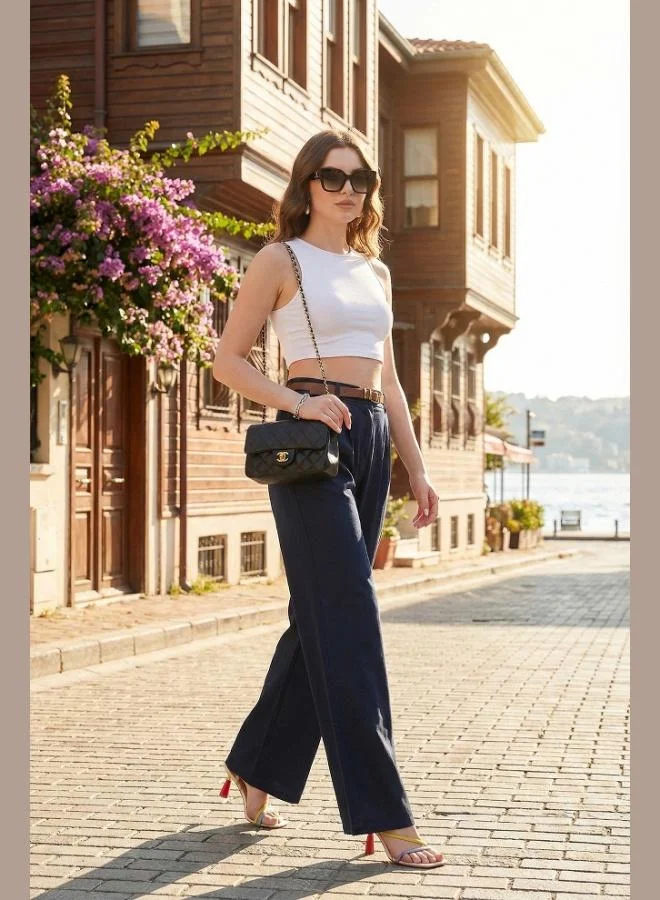 Lela Lela Cotton Wide Leg High Waist Wide Leg Belted Trousers Women's Pants 668YP5429