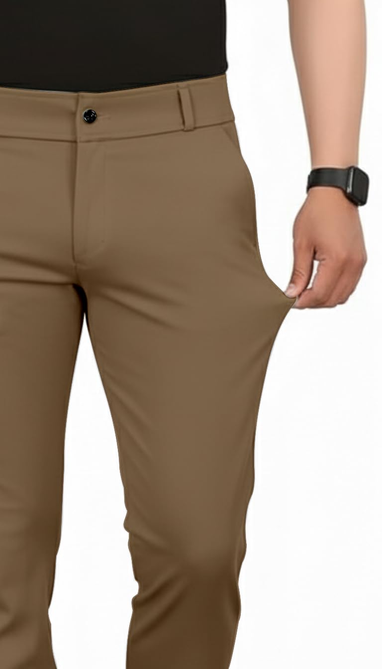 Mehrang Men's Slim Fit Casual Mid Rise Trousers, Cotton Blend, Side Pockets || Classic Slim Fit Chino Pants || Business Casual Dress Trousers (in, Alpha, M, Regular, Khaki) - Image 4