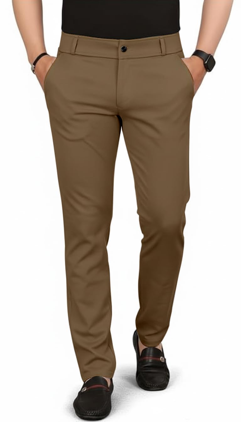 Mehrang Men's Slim Fit Casual Mid Rise Trousers, Cotton Blend, Side Pockets || Classic Slim Fit Chino Pants || Business Casual Dress Trousers (in, Alpha, M, Regular, Khaki) - Image 1