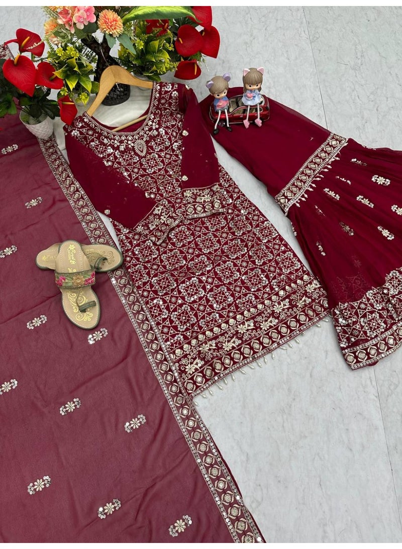 Super Asian Elegant Faux Georgette Embroidered Sharara Set with Dupatta – Fully Stitched  - Image 5