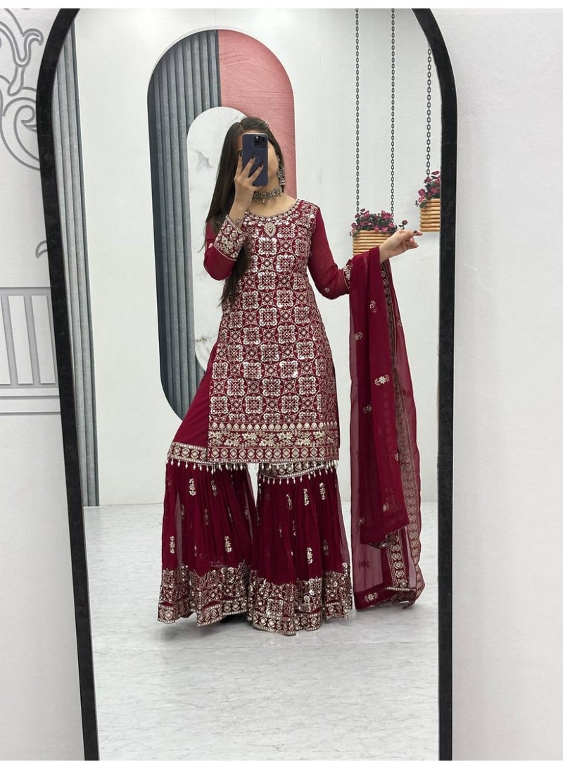 Super Asian Elegant Faux Georgette Embroidered Sharara Set with Dupatta – Fully Stitched  - Image 2