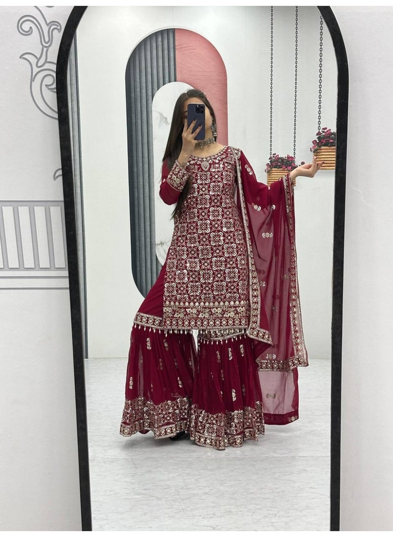 Super Asian Elegant Faux Georgette Embroidered Sharara Set with Dupatta – Fully Stitched  - Image 3
