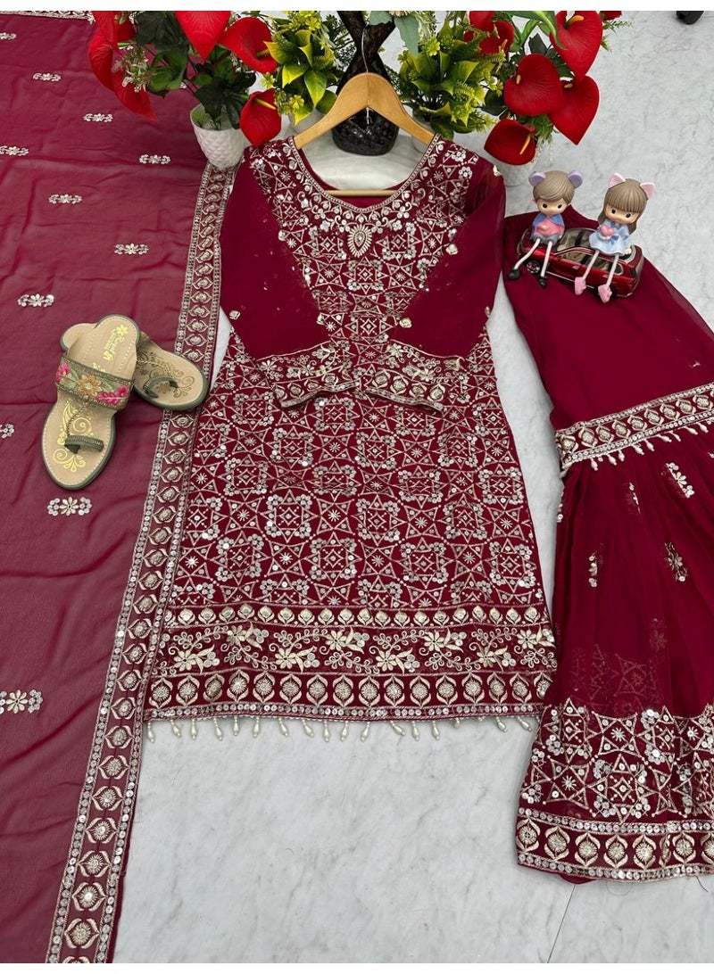 Super Asian Elegant Faux Georgette Embroidered Sharara Set with Dupatta – Fully Stitched  - Image 1