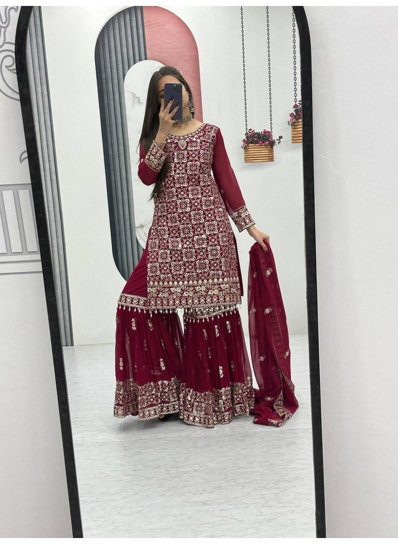 Super Asian Elegant Faux Georgette Embroidered Sharara Set with Dupatta – Fully Stitched  - Image 4