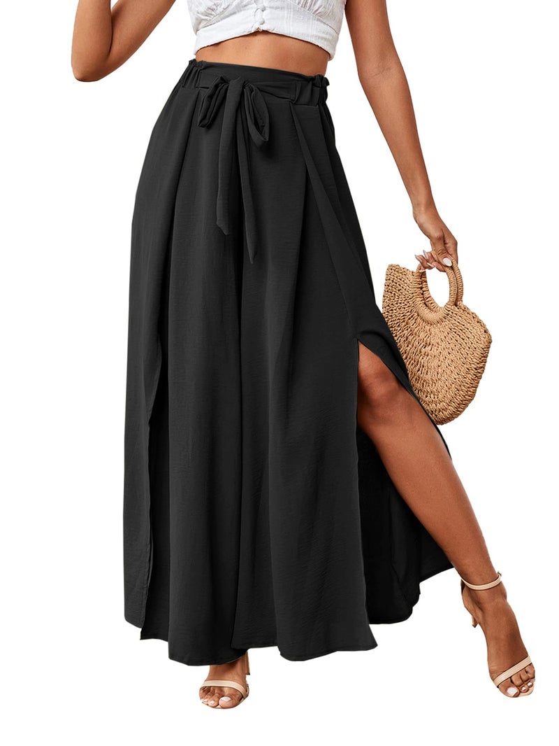 LYANER Women's Tie Front High Waist Side Split Slit Flowy Wide Leg Pleated Pant with Belt Solid Black X-Large - Image 1