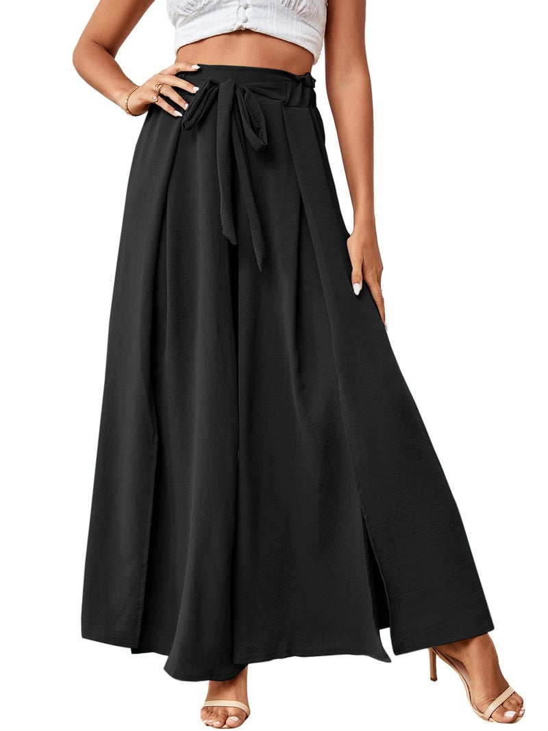 LYANER Women's Tie Front High Waist Side Split Slit Flowy Wide Leg Pleated Pant with Belt Solid Black X-Large - Image 5