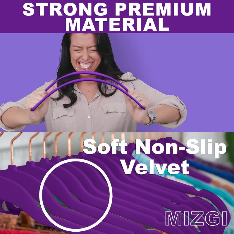 MIZGI Premium Velvet Hangers (50 Pack) Heavy Duty - Non Slip Felt Hanger - Velvet Suit Hangers Dark Purple - Rose Gold Hooks,Space Saving Clothes Hanger - Image 2