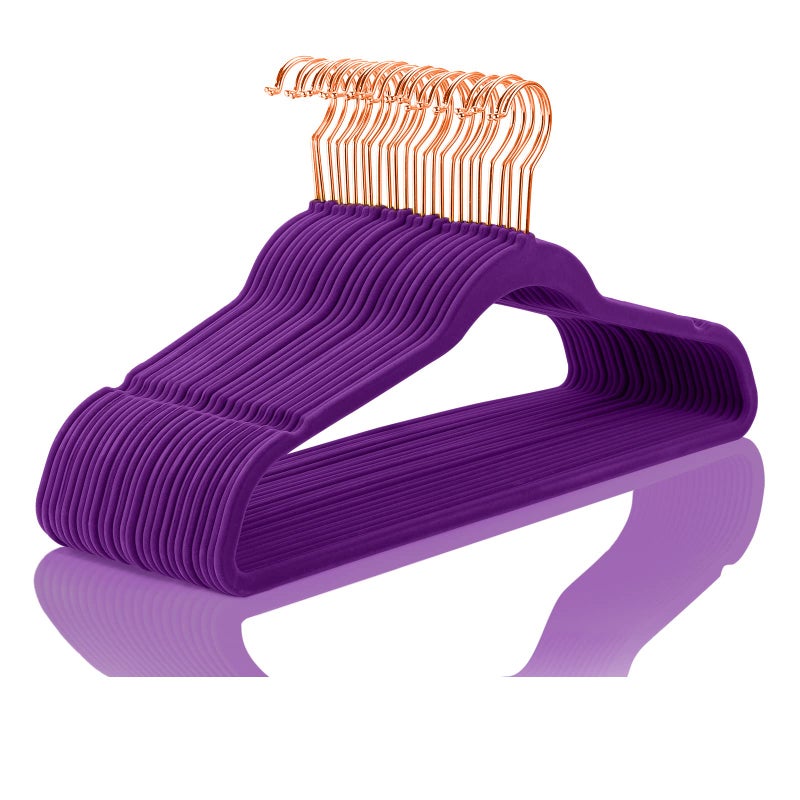 MIZGI Premium Velvet Hangers (50 Pack) Heavy Duty - Non Slip Felt Hanger - Velvet Suit Hangers Dark Purple - Rose Gold Hooks,Space Saving Clothes Hanger - Image 1