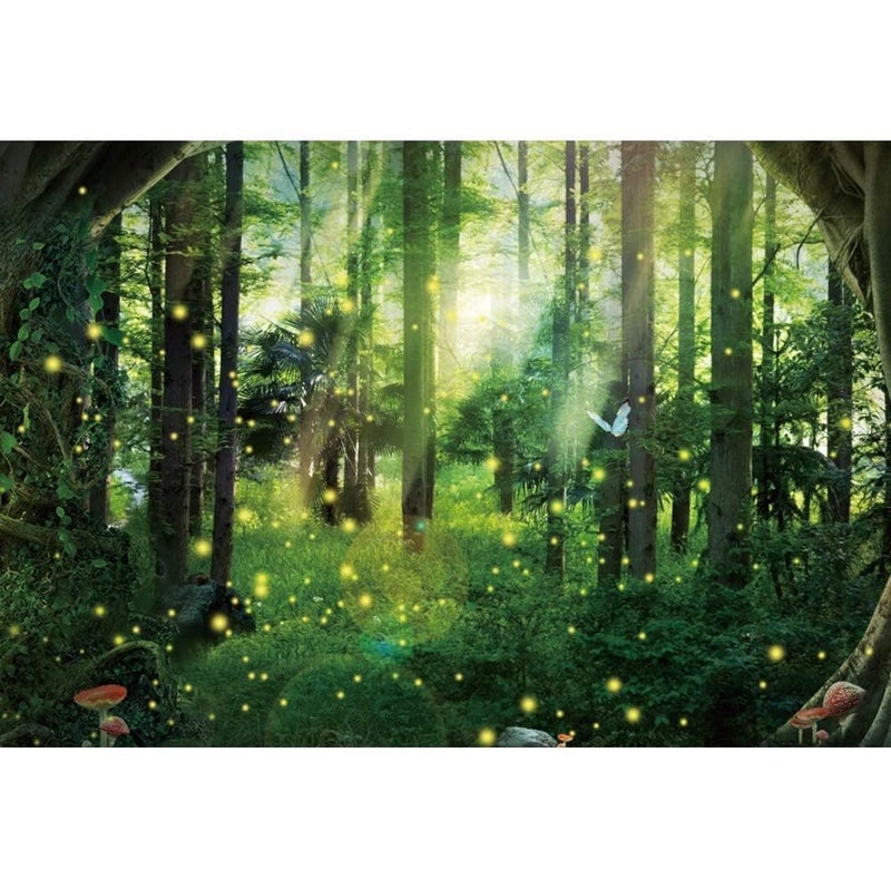 DORCEV Magical Fantasy Forest Photography Backdrop Jungle Safari Theme Party Background Sunlight Spring Green Tree Butterfly Enchanted Forest Theme Baby Shower Banner Adult Photo Studio Props - Image 1