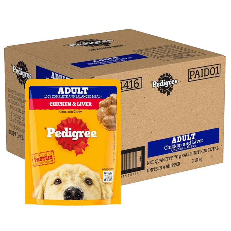 Pedigree Adult Wet Dog Food, Chicken & Liver Chunks in Gravy, 70 g (Pack of 30), Complete & Balanced Meal for Adult Dogs - Image 1
