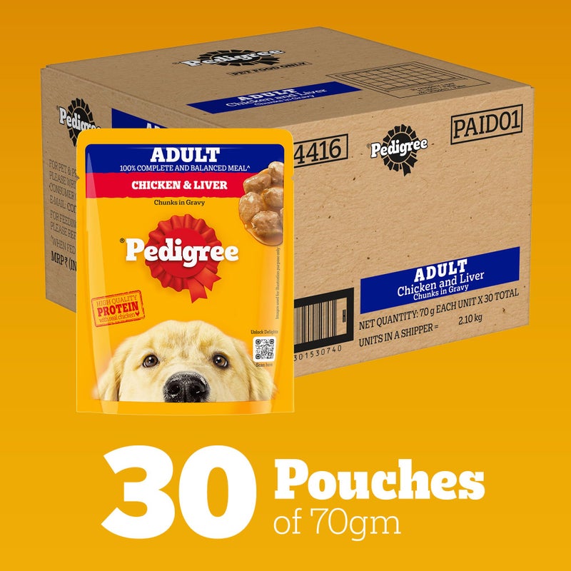 Pedigree Adult Wet Dog Food, Chicken & Liver Chunks in Gravy, 70 g (Pack of 30), Complete & Balanced Meal for Adult Dogs - Image 2