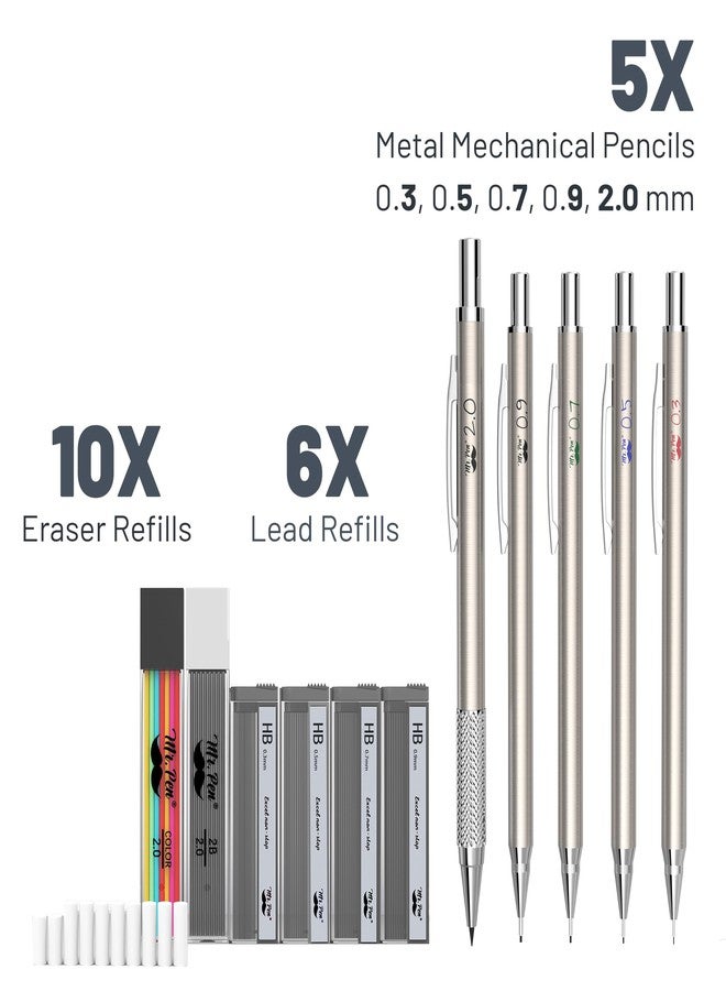 Mr. Pen- Metal Mechanical Pencil Set with Lead and Eraser Refills, 5 Sizes, 0.3, 0.5, 0.7, 0.9, 2mm, Drafting, Sketching, Architecture, Drawing Metal Mechanical Pencils - Image 2
