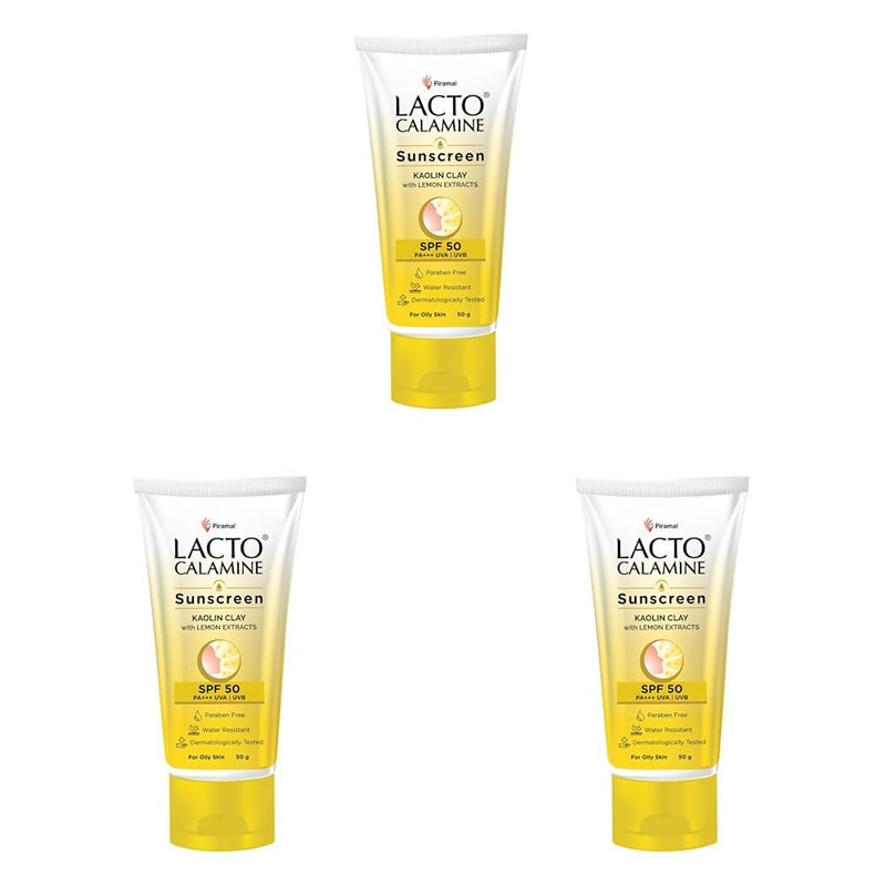 Lacto Calamine واقي شمس لاكتو كالمين SPF 50 50 جرام PA للبشرة الدهنية حماية من UVA و UVB مقاوم للماء بدون أثر أبيض مع طين الكاولين وفيتامين E ومستخلصات الليمون خالي من البارابين عبوة من 3 - Image 1