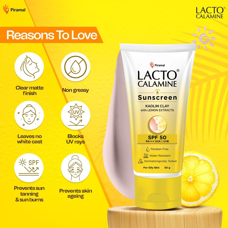 Lacto Calamine واقي شمس لاكتو كالمين SPF 50 50 جرام PA للبشرة الدهنية حماية من UVA و UVB مقاوم للماء بدون أثر أبيض مع طين الكاولين وفيتامين E ومستخلصات الليمون خالي من البارابين عبوة من 3 - Image 5