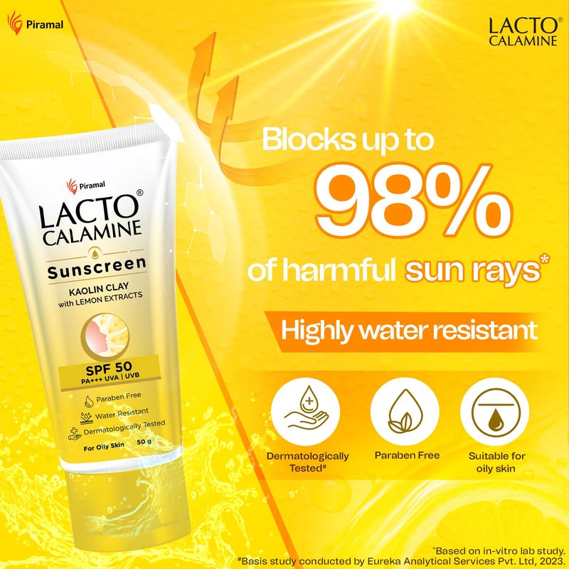 Lacto Calamine واقي شمس لاكتو كالمين SPF 50 50 جرام PA للبشرة الدهنية حماية من UVA و UVB مقاوم للماء بدون أثر أبيض مع طين الكاولين وفيتامين E ومستخلصات الليمون خالي من البارابين عبوة من 3 - Image 4