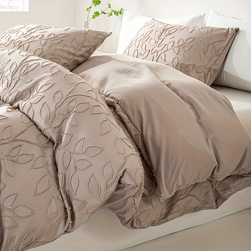 3pcs Solid Color Leaf Pattern Duvet Cover Set, Excluding Filling and Pillow Insert - Image 5
