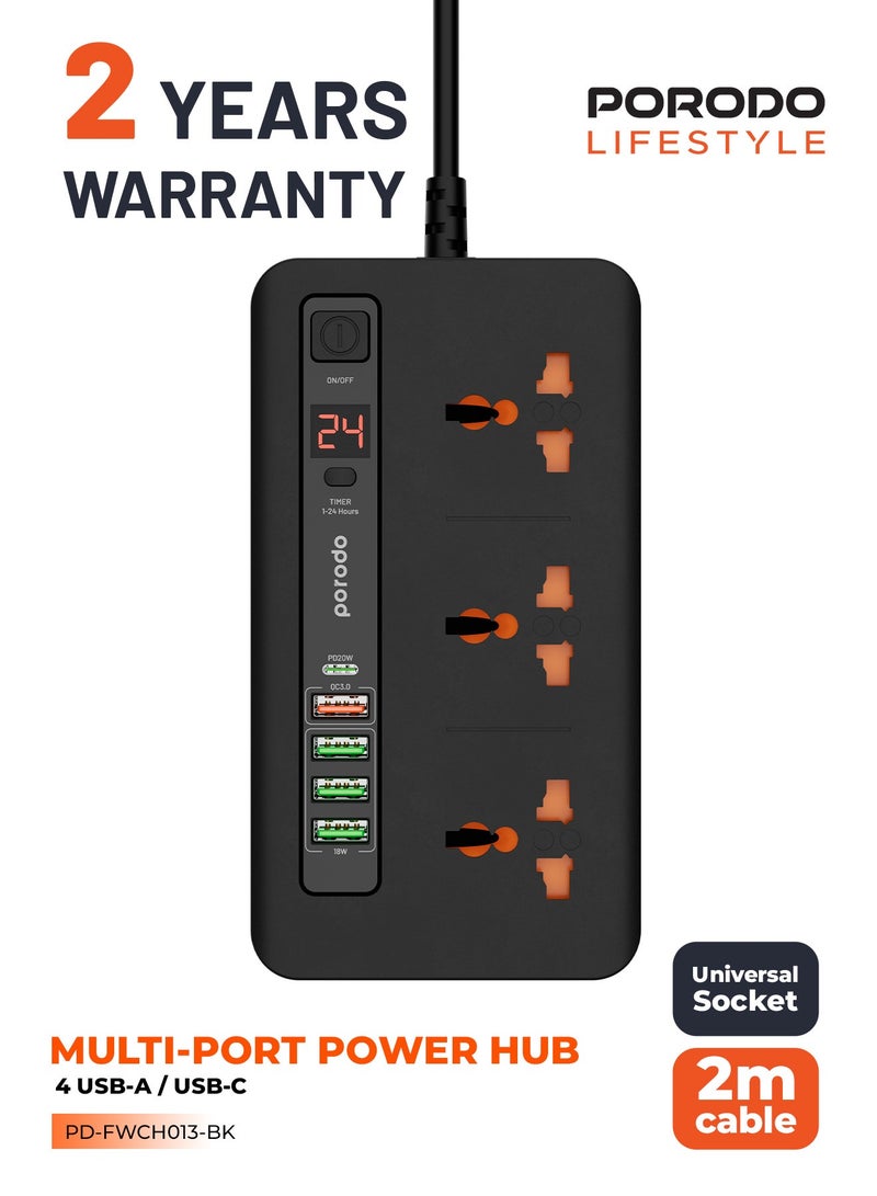 porodo Multi-Port Power HUB 4 USB-A/USB-C Ultimate Home & Office Kit 2M / 3000 Watts AC Output / 18W USB QC3.0 / 20W USB-C PD / 200cm Power Cord with Over-Heat Protection - Black - Image 1
