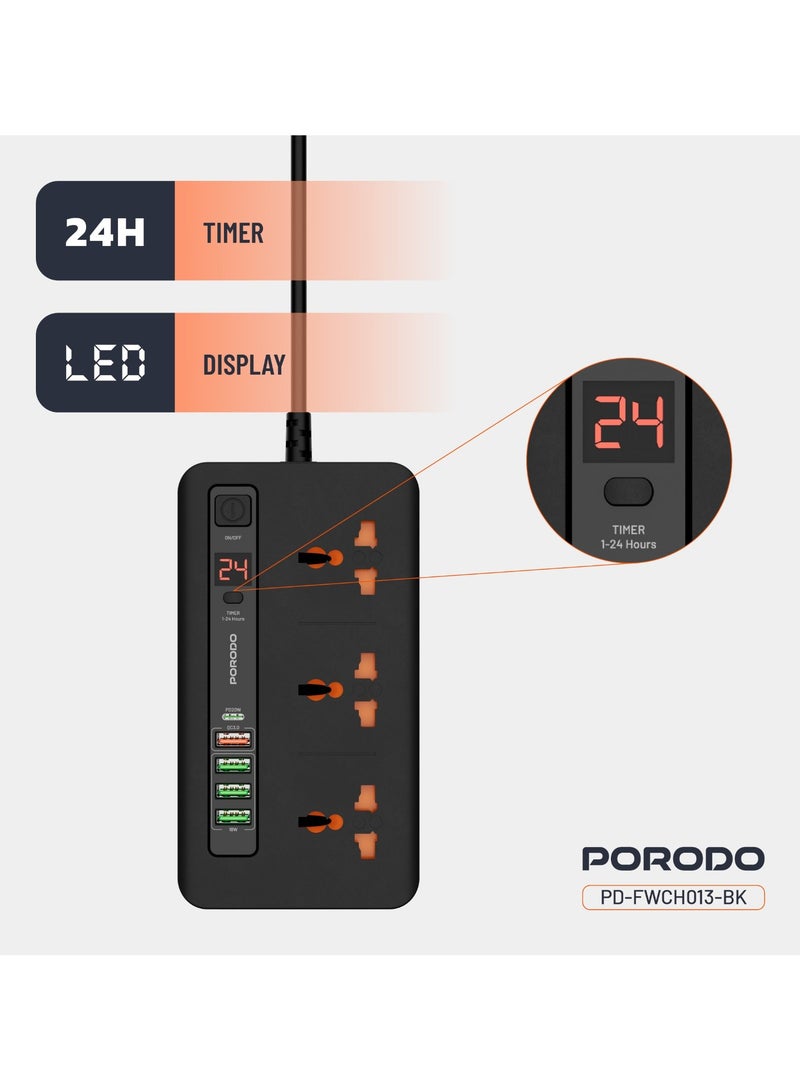 porodo Multi-Port Power HUB 4 USB-A/USB-C Ultimate Home & Office Kit 2M / 3000 Watts AC Output / 18W USB QC3.0 / 20W USB-C PD / 200cm Power Cord with Over-Heat Protection - Black - Image 5