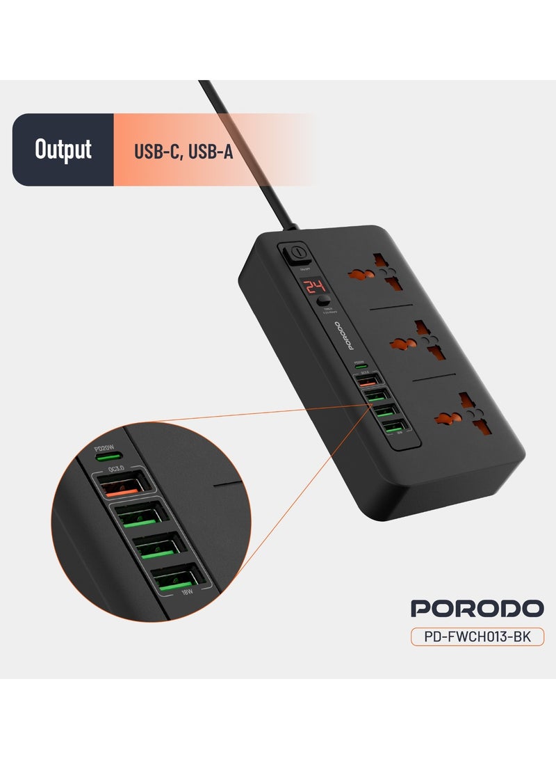 porodo Multi-Port Power HUB 4 USB-A/USB-C Ultimate Home & Office Kit 2M / 3000 Watts AC Output / 18W USB QC3.0 / 20W USB-C PD / 200cm Power Cord with Over-Heat Protection - Black - Image 2