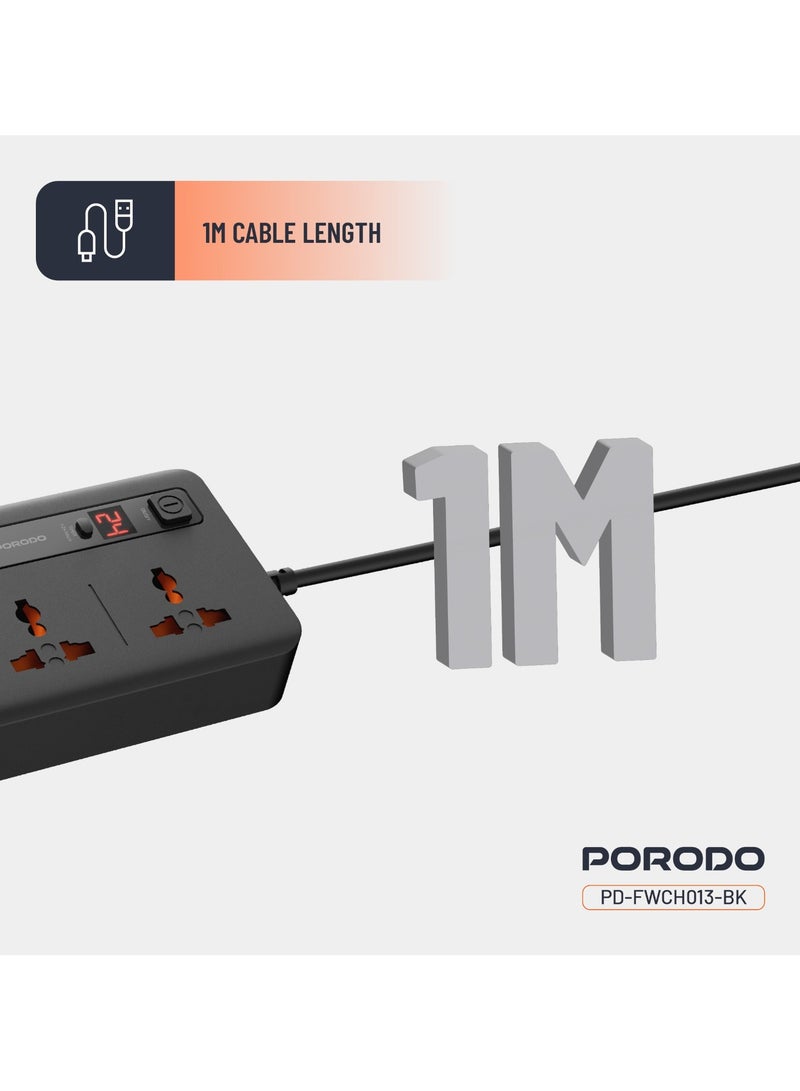 porodo Multi-Port Power HUB 4 USB-A/USB-C Ultimate Home & Office Kit 2M / 3000 Watts AC Output / 18W USB QC3.0 / 20W USB-C PD / 200cm Power Cord with Over-Heat Protection - Black - Image 4