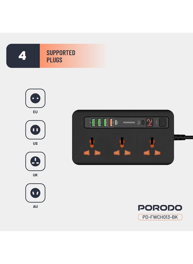 porodo Multi-Port Power HUB 4 USB-A/USB-C Ultimate Home & Office Kit 2M / 3000 Watts AC Output / 18W USB QC3.0 / 20W USB-C PD / 200cm Power Cord with Over-Heat Protection - Black - Image 3