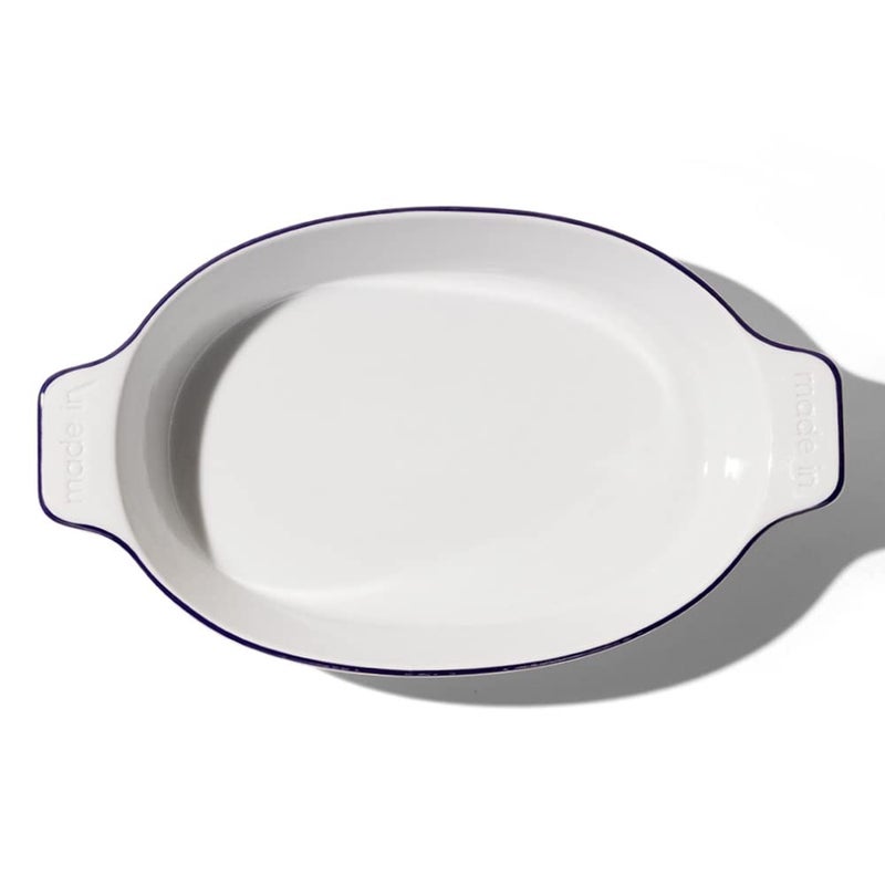 Made In Cookware  Oval Baking Dish  Navy Rim  Hand Crafted Porcelain  Professional Bakeware  Made in France