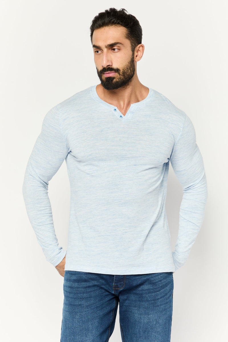 Blue Black Threads Men Henley Neck Heather Long Sleeves T-Shirts, Light Blue  - Image 1
