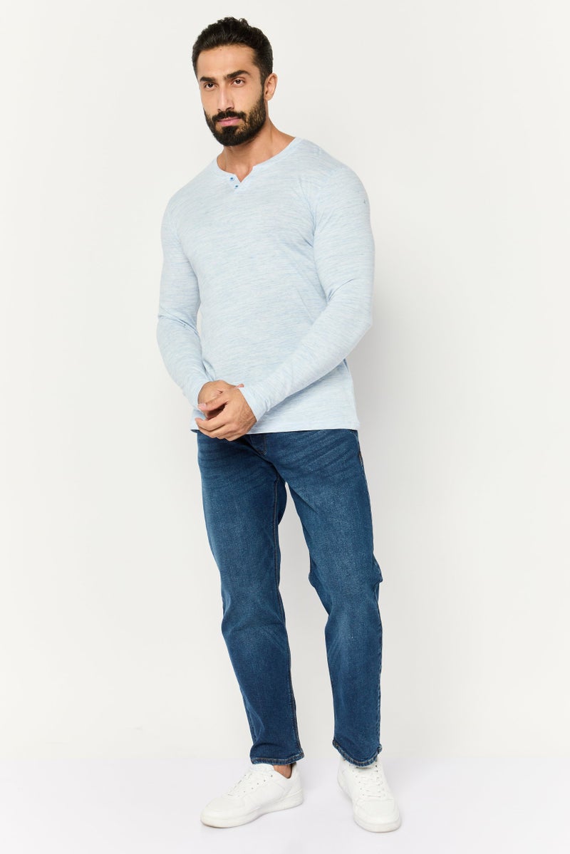 Blue Black Threads Men Henley Neck Heather Long Sleeves T-Shirts, Light Blue  - Image 2