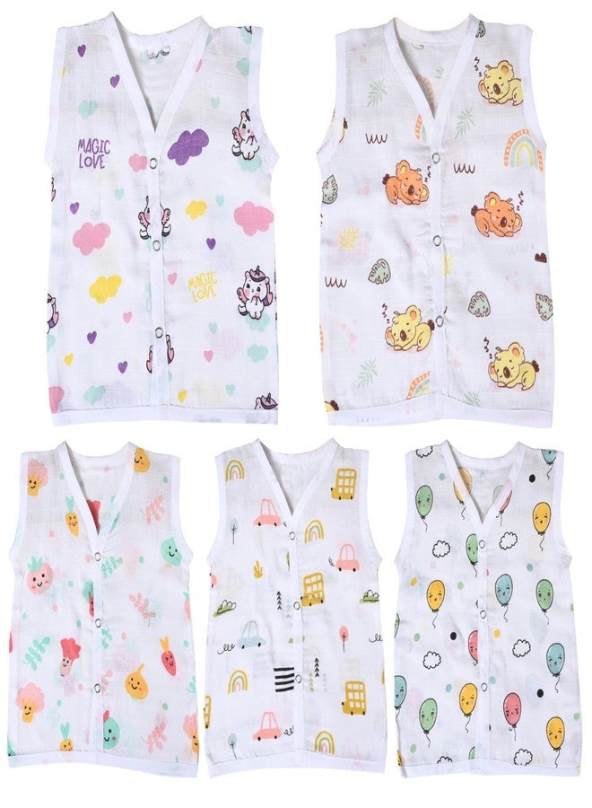 MumsLap Organic Cotton Muslin Jhablas for New Born Baby Boy and Girl 0-12 Months (Set of 5) | Pack of 5 | Beautiful Prints Jabala | Sleeveless Vest | Perfect Baby Shower Gifts - Image 1