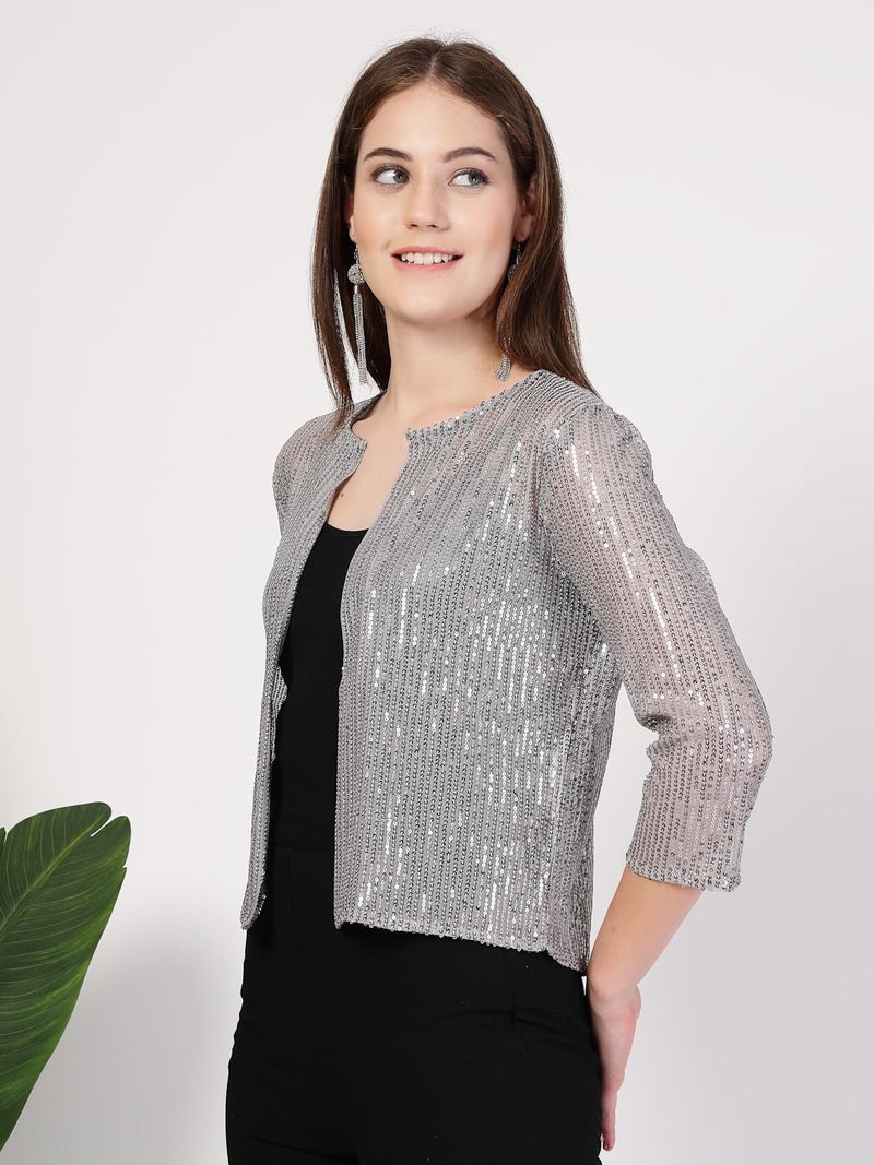Style Quotient Women Silver Grey Sequins Shrug - Image 3
