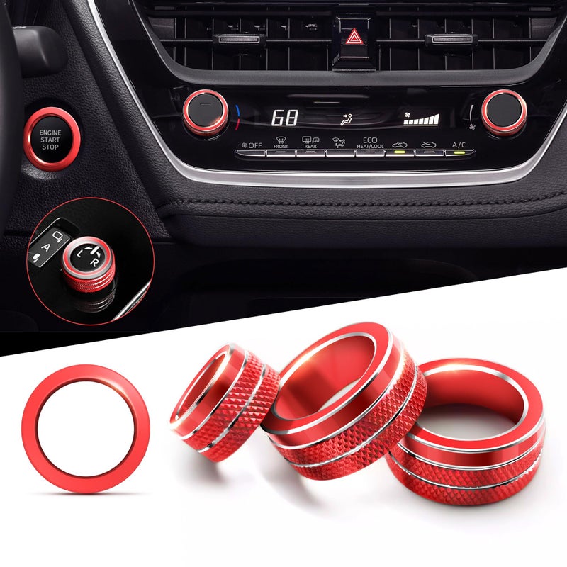 Polodunn for 2020-2025 2026 Toyota Corolla & 2022-2025 2026 Corolla Cross Accessories, 4pcs Aluminum Alloy Knob Cover Trim Set - Rearview Mirror Switch, AC & Push Start (Red) - Image 1