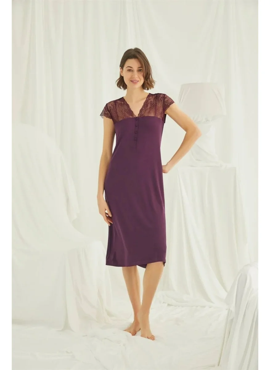 Monamise Women's Burgundy Laced Buttoned Collar Nightgown 18403