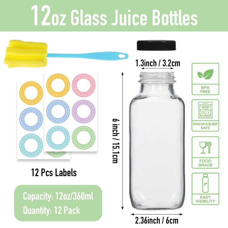 NEWMIAO 12 pack 12 oz Glass Juice Bottles with Lids, 360 ml Reusable Glass Water Bottles, Empty Drink Containers Drinking Jars with Brush, for Milk, Juicing, Kombucha, Ginger - Image 2