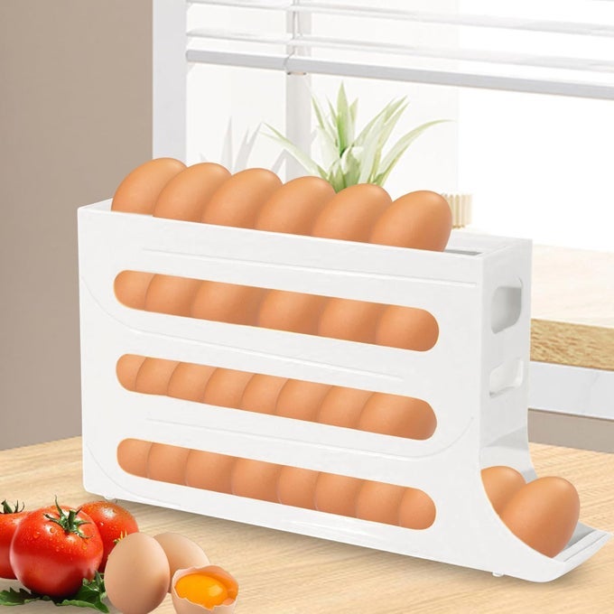 1PCS AUTO ROLLING EGG ORGANIZER FOR FRIDGE 4TIER STACKABLE EGG DISPENSER HOLDERLARGE CAPACITY 30EGG STORAGE BOX EASY ACCESS AUTOMATIC EGG DISPENSER FOR REFRIGERATOR STORAGE MULTICOLOR