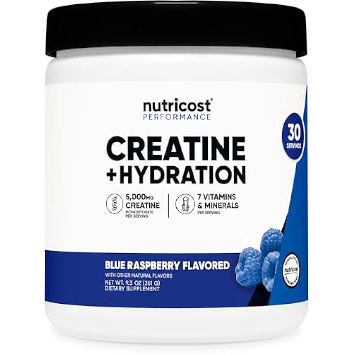 Nutricost Creatine Monohydrate + Hydration Blue Raspberry Flavored (30 Servings) - 7 Vitamins & Minerals, 5000mg of Creatine Per Serving - Image 1
