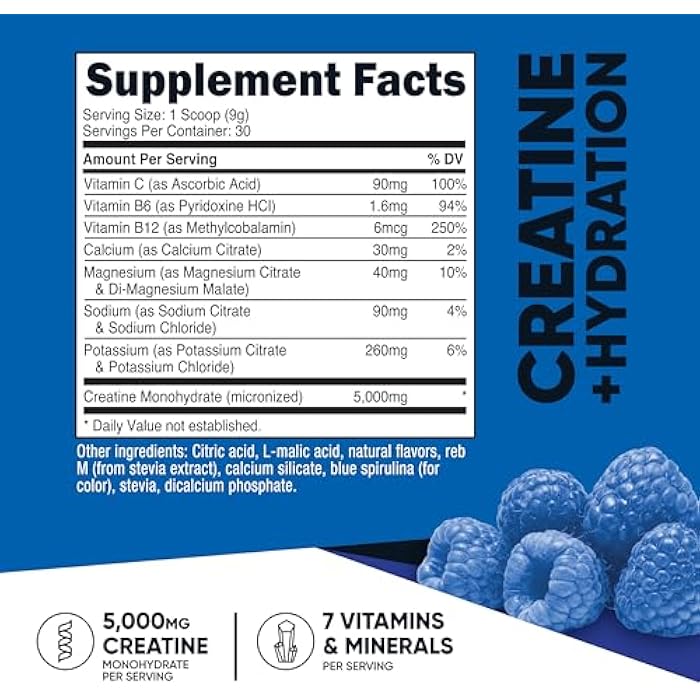 Nutricost Creatine Monohydrate + Hydration Blue Raspberry Flavored (30 Servings) - 7 Vitamins & Minerals, 5000mg of Creatine Per Serving - Image 2