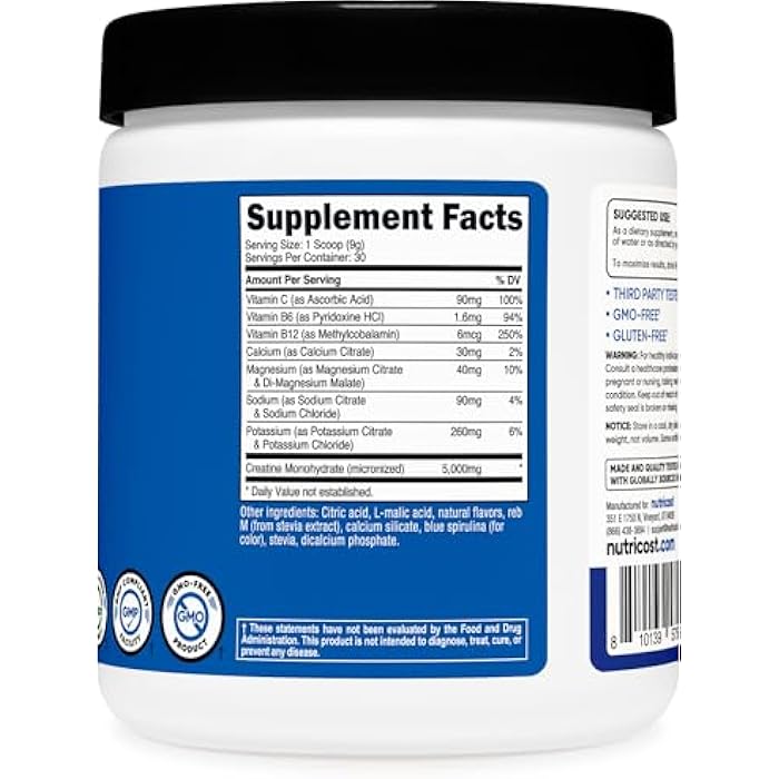 Nutricost Creatine Monohydrate + Hydration Blue Raspberry Flavored (30 Servings) - 7 Vitamins & Minerals, 5000mg of Creatine Per Serving - Image 5