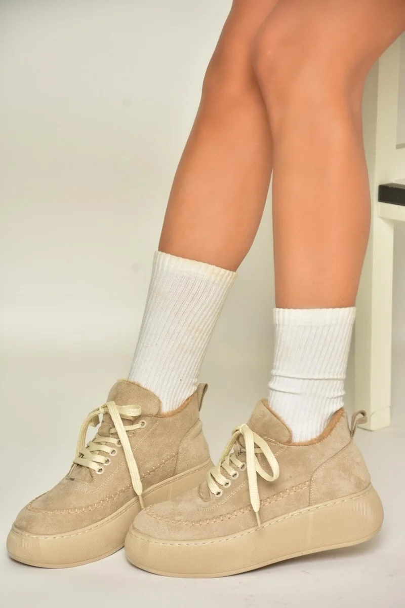 Fox Shoes T811845302 Beige Suede Thick Soled Women's Shoes