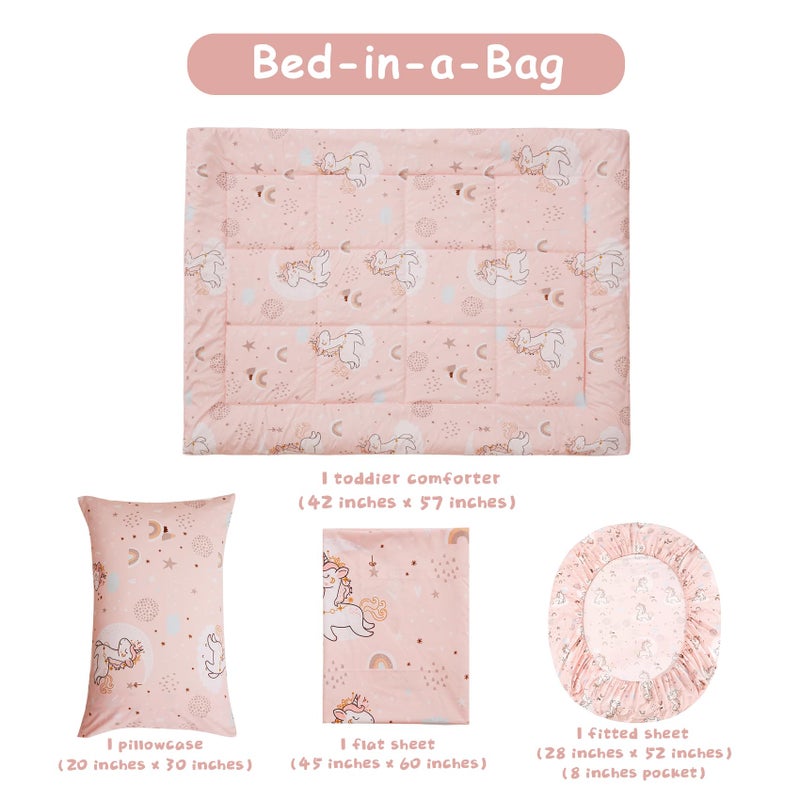 JSD طقم سرير جيس دي Pink Unicorn للأطفال، 4 قطع في حقيبة سرير، طقم لحاف وملاءات من الألياف الدقيقة، قابل للغسل في الغسالة على مدار السنة - Image 4