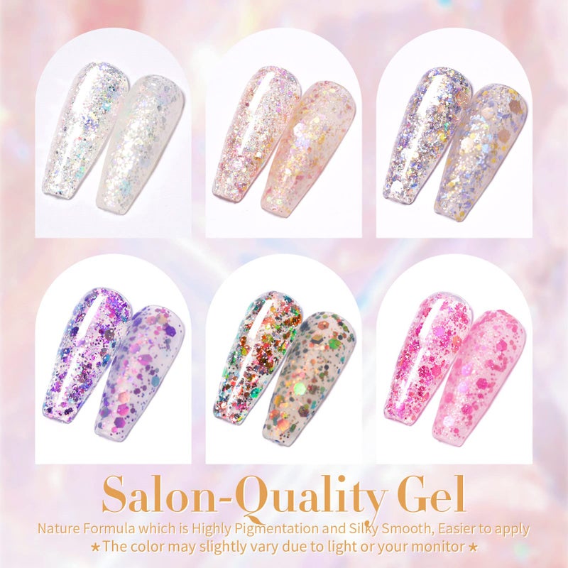 Born Pretty Glitter Sequins Gel Nail Polish Sparkly Shiny Pink Yellow Blue Green 6pcs 7ml Set Soak Off U V Nail Gel Nail Art Manicure Varnish Kit - Image 2