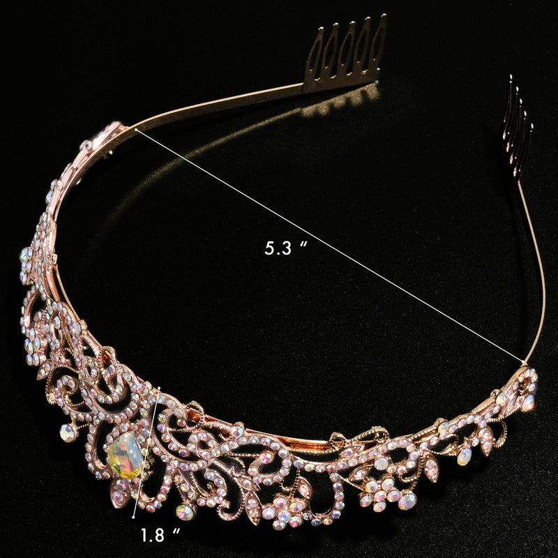 TAROSE Iridescent and Rose Gold Crowns for Women, Queen Crystal Tiaras with Iridescent Rhinestone and Combs, Goddess Crown for Wedding Bride Birthday Princess Bridal Shower for Women - Image 2