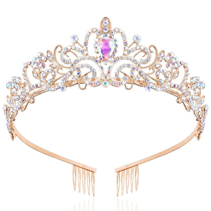 TAROSE Iridescent and Rose Gold Crowns for Women, Queen Crystal Tiaras with Iridescent Rhinestone and Combs, Goddess Crown for Wedding Bride Birthday Princess Bridal Shower for Women - Image 1